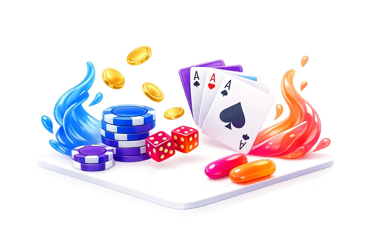 Glossy, modern isometric 3D render of floating gaming elements, poker chips, cards, coins, flames on white background.